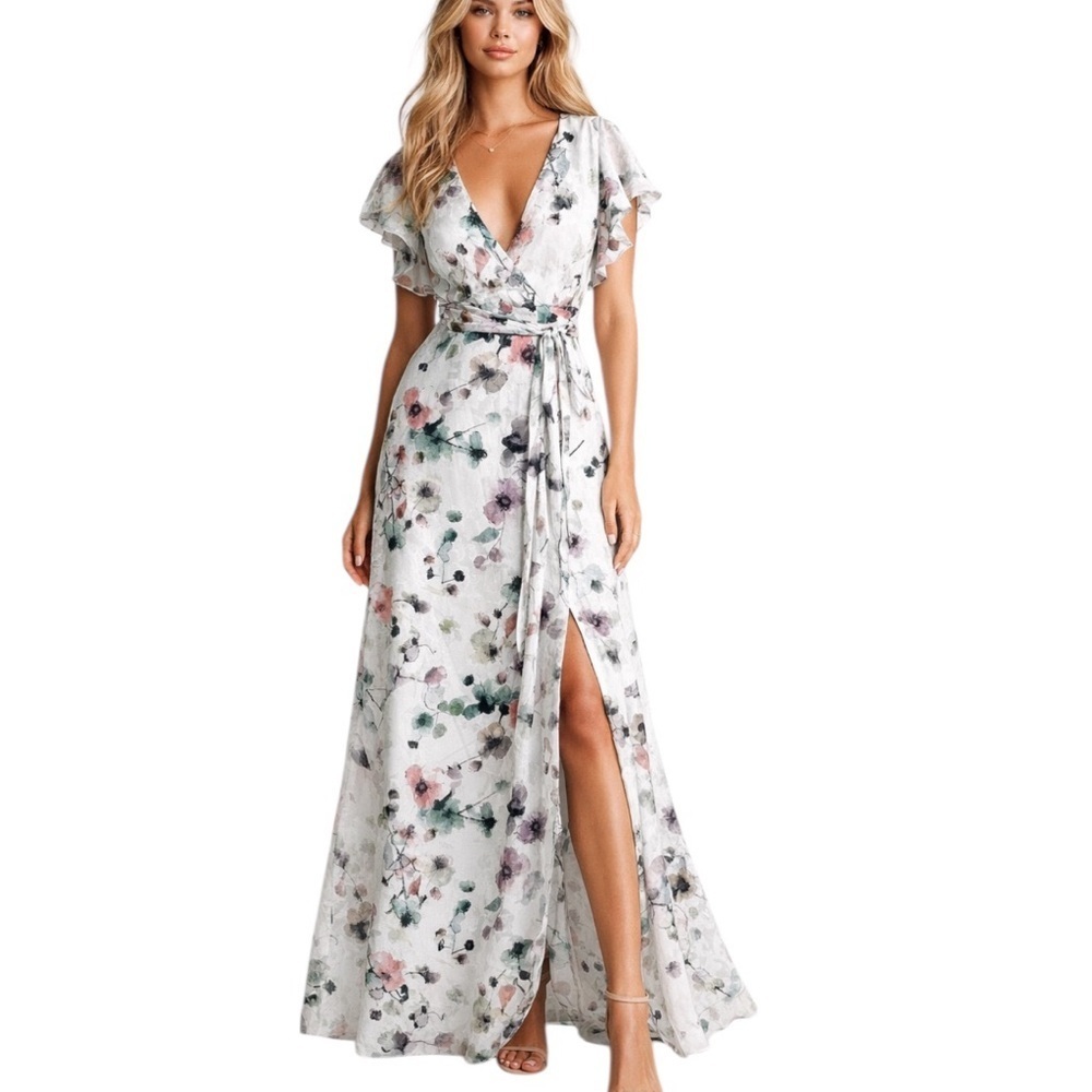 Anthropologie Hutch Pietrina Floral Wrap Maxi Dress Flutter Sleeves White Size S
